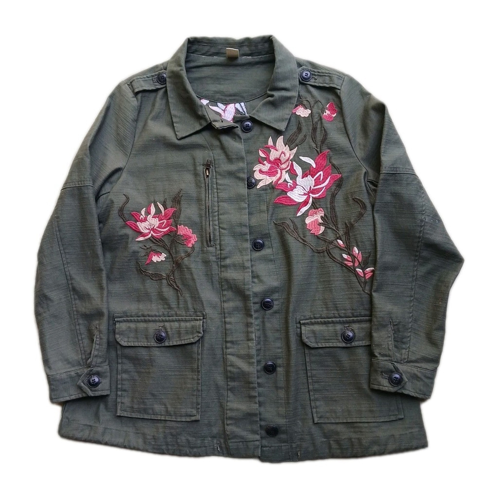 Christopher and Banks Womens Anorak Embroidered Floral Green Petite Medium